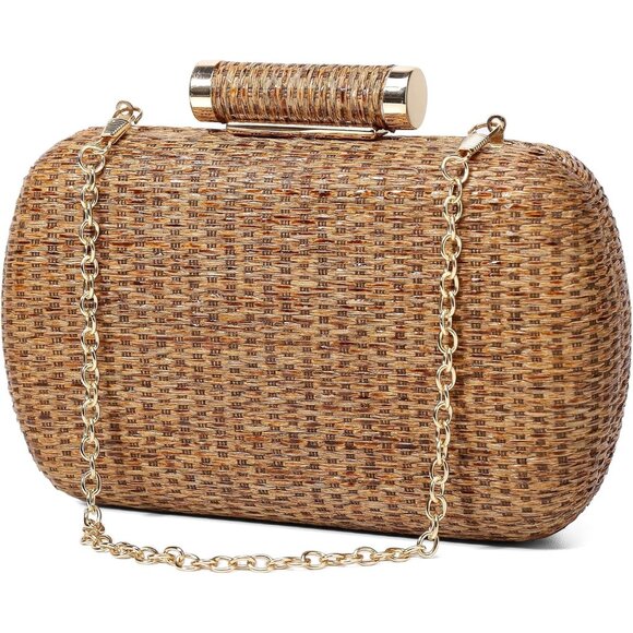 Brown Straw Clutch Purse Women's Hand-Woven Wicker Evening Bag for Summer Weddin - Picture 1 of 7